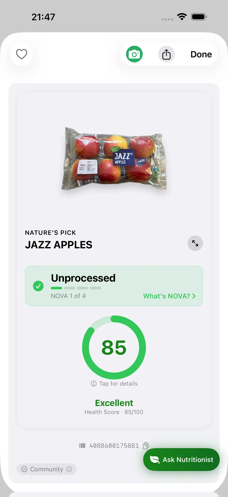 Cull scoring a bag of Jazz apples 85 out of 100, unprocessed NOVA 1