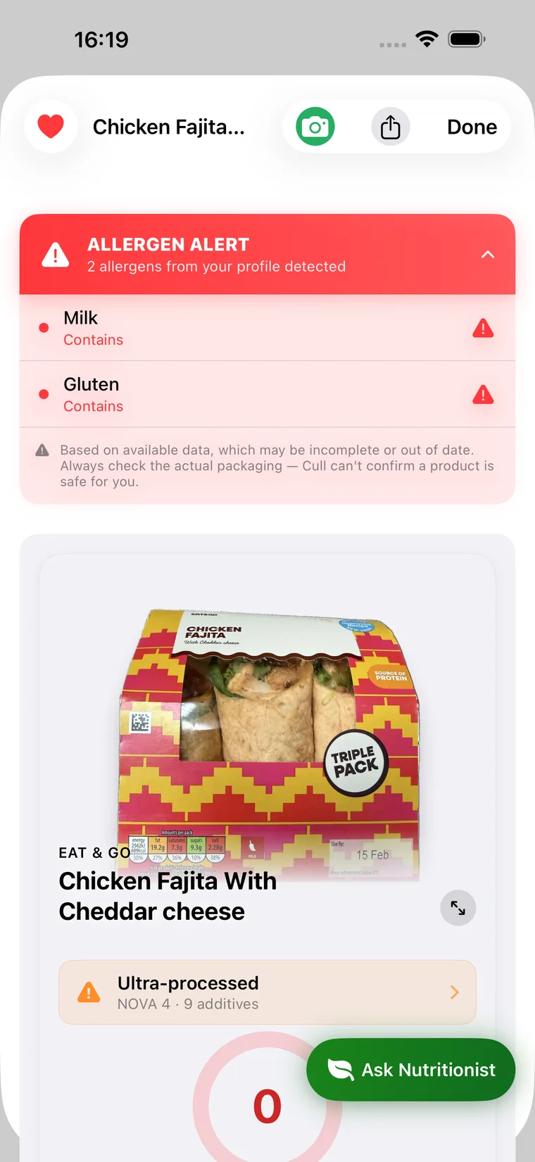 Cull allergen alert detecting milk and gluten from a personal profile