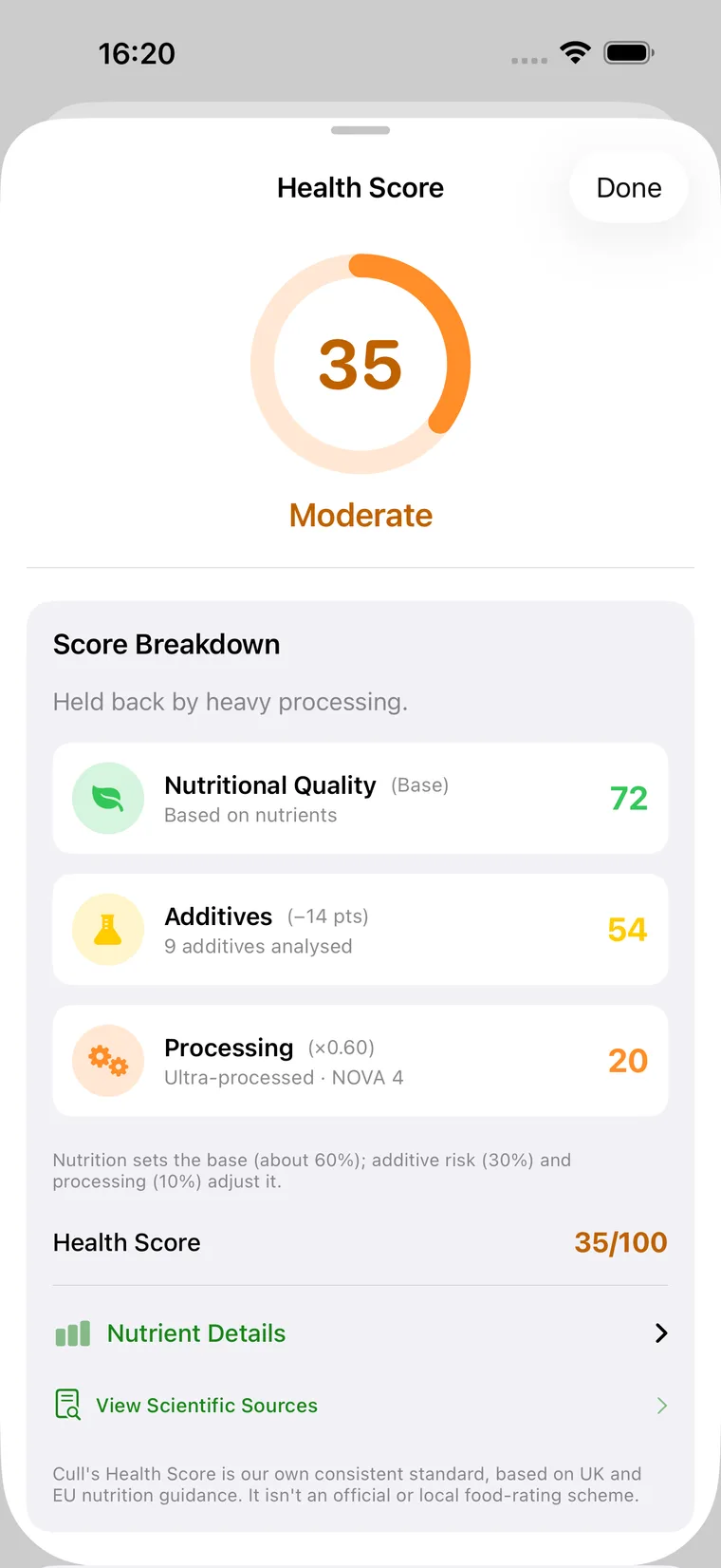Cull's transparent score breakdown: nutritional quality 72, additives 54, processing 20