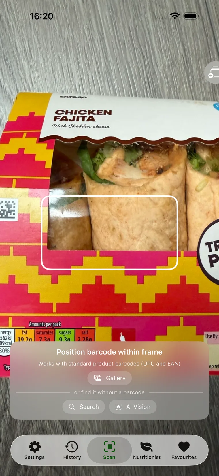 Cull's barcode scanner pointed at a chicken fajita wrap meal deal